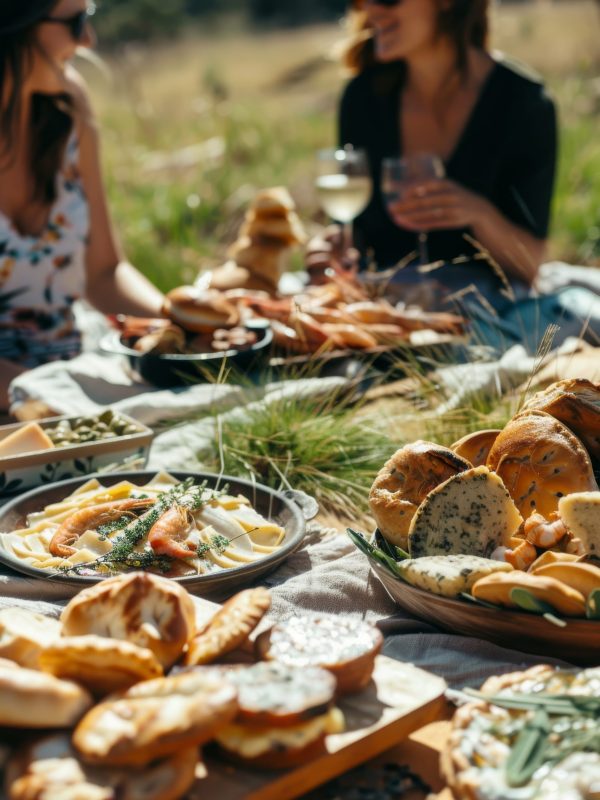 film photography 35mm, hyper-realistic photo, A group of friends enjoying an outdoor picnic in the countryside, surrounded by fields and nature. They have food from various parts of Australia spread out on cloth table cloths, including prawn crackers, cheese slices with herbs, Australian meat pies, bagels topped with fish spread, laughing together under a blanket as they enjoy their meal, capturing a sense of community and togetherness. The setting is peaceful yet lively, reflecting a style of sophistication and minimalism. --ar 2:3 Job ID: 8ac9ceb5-b2ae-498c-93a8-e7bb16f2e03c